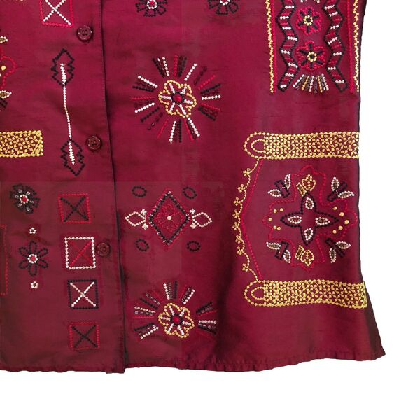 Mirasol Silk Embroidered Blouse Womens Size S VTG Burgundy Boho Embellished - Picture 8 of 16